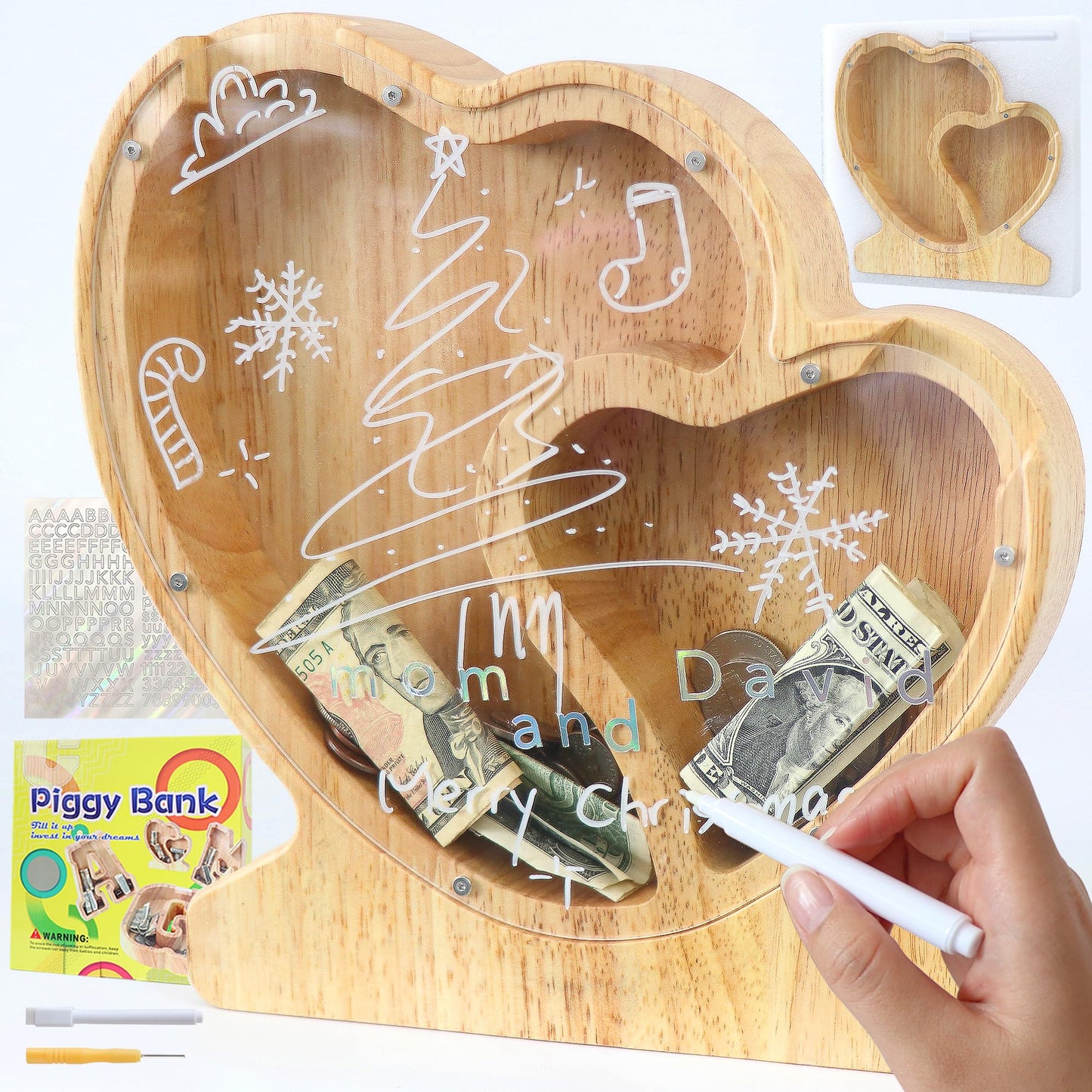 weallbuy Large Letter Piggy Bank for Kids Boys Girls Wooden Personalized Piggy Banks A-Z with Target Area Clear Alphabet Banknote Coin Banks for Gift Decoration Baptism (Love-2)