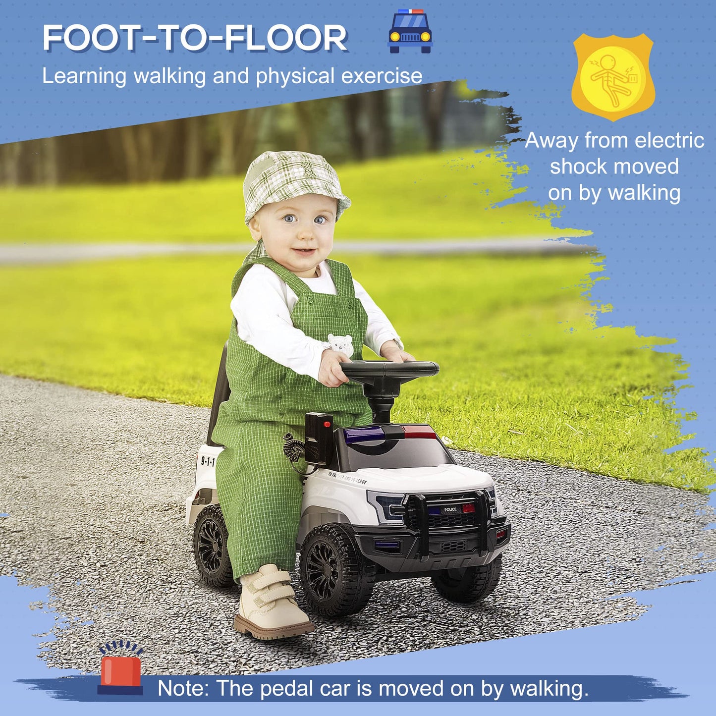 Aosom Kids Push Ride On Car With Working Pa System And Horn, Police Truck Style Foot-To-Floor Sliding Car For Boys And Girls Wit