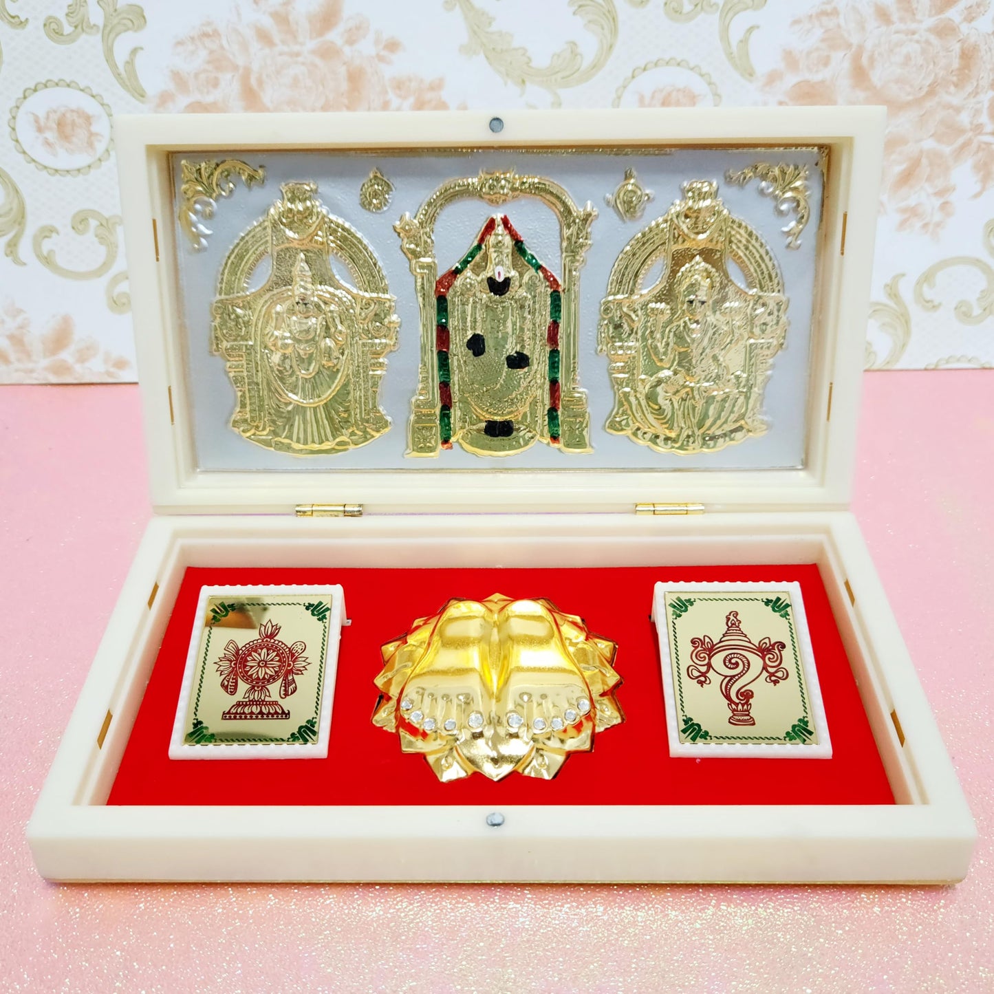 ARNAVIRA Tirupati Balaji Gold Plated Photo Frame with Charan Paduka Pocket Temple for House Warming Gifts Return Gift Diwali Gif