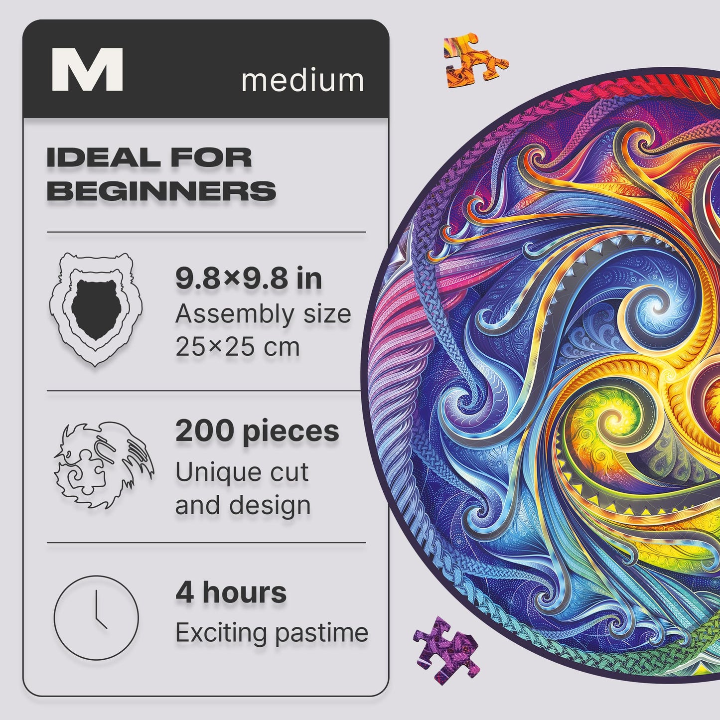 Unidragon Original Wooden Jigsaw Puzzles - Mandala Spiral Incarnation, 200 Pcs, Medium 9.8''X9.8'', Beautiful Gift Package, Uniq