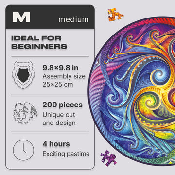 Unidragon Original Wooden Jigsaw Puzzles - Mandala Spiral Incarnation, 200 Pcs, Medium 9.8''X9.8'', Beautiful Gift Package, Uniq