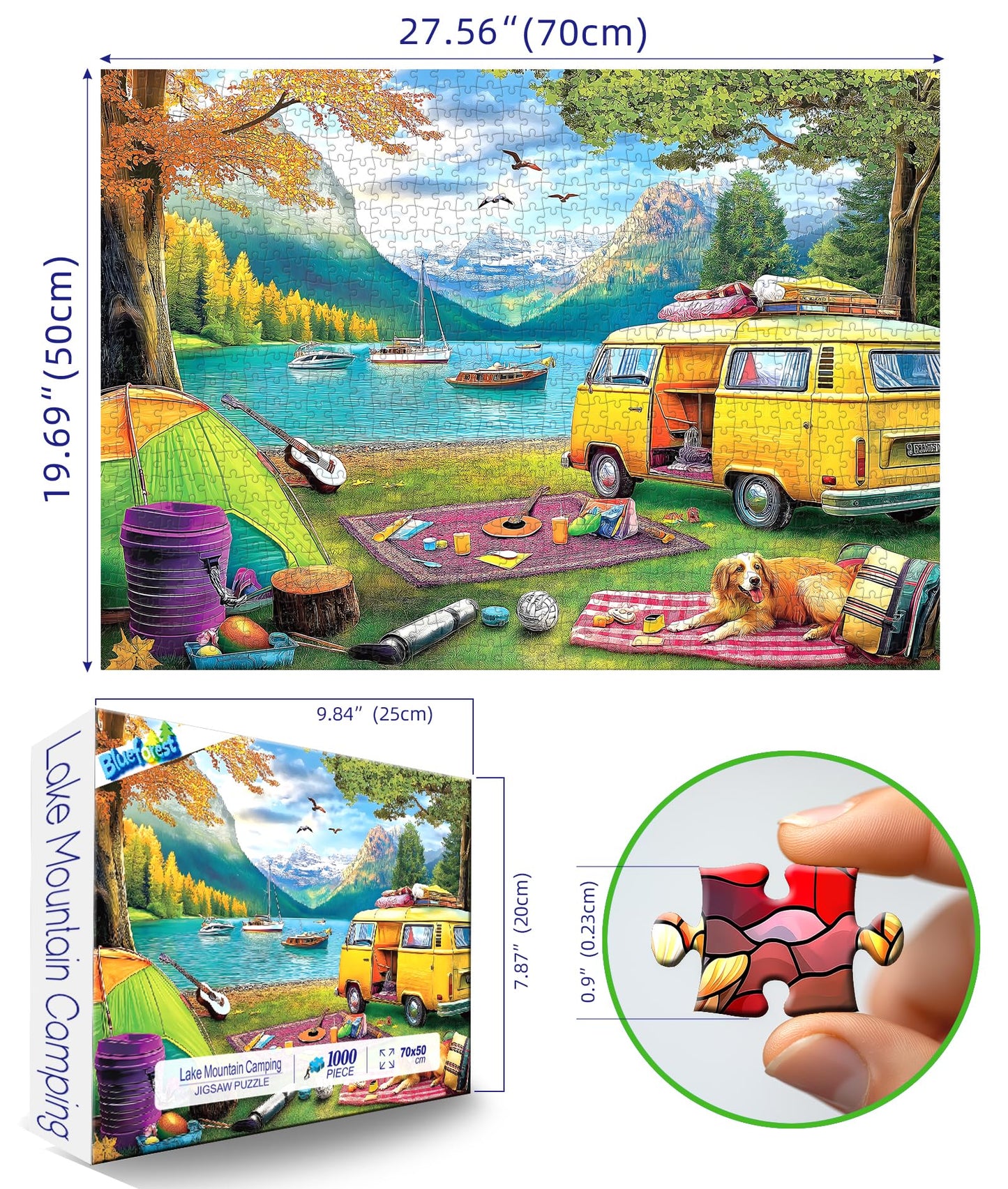 Blueforest 1000 Piece Jigsaw Puzzle - Unique Camping Lake RV Scene - 27.5x19.7 Inches - Challenging mature-themed Puzzle for Relaxation & Family Activity