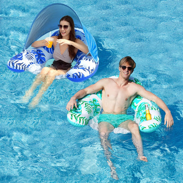 Calobana 2 Pack Pool Float Chair With Canopy Inflatable Pool Floats For Adults Adjustable Sunshade Cup Holder Ergonomic Headrest