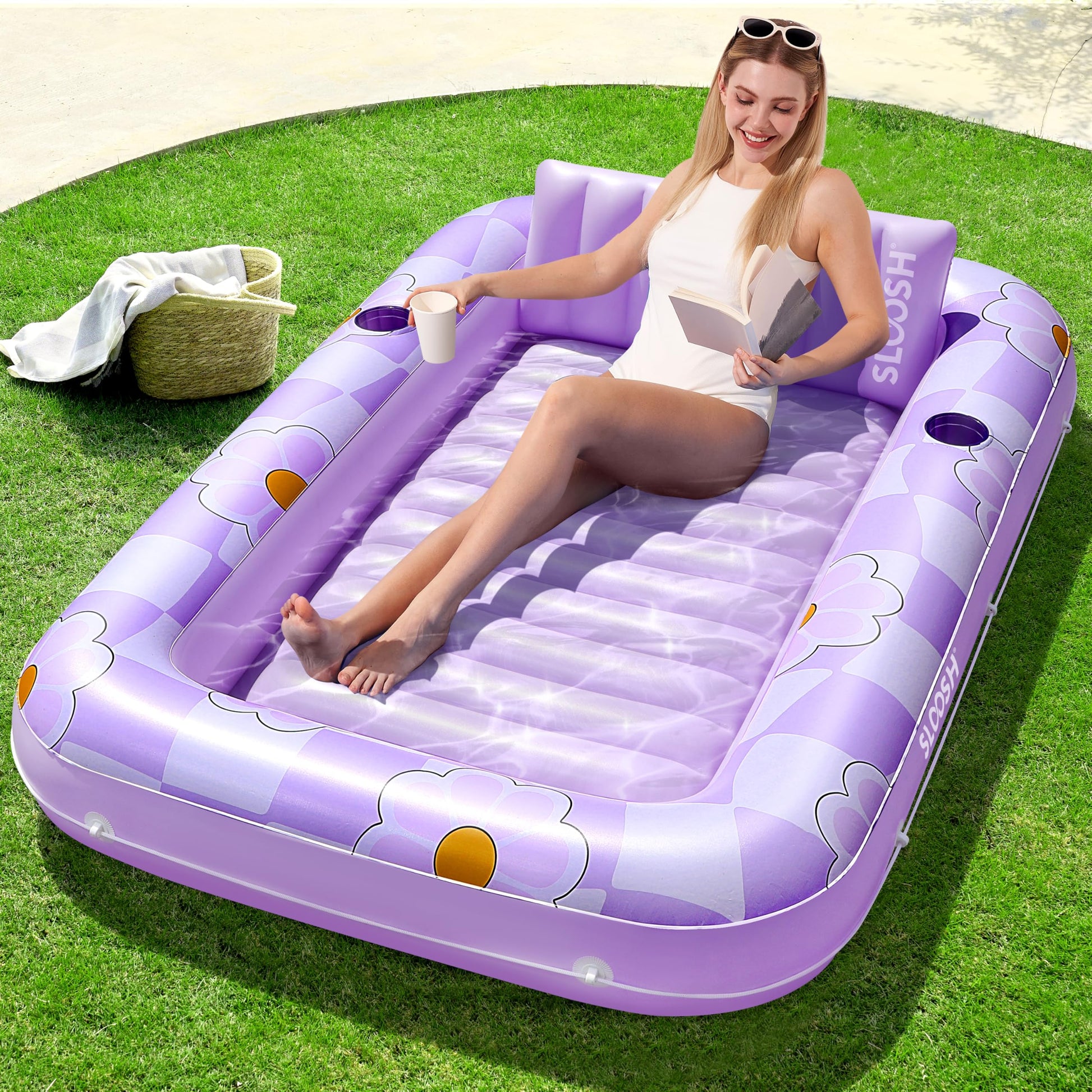 SLOOSH Inflatable Tanning Pool Lounger Float  70 x 46 Pool Floats mature-themed with Pillow  4 in 1 Suntan Tub Raft Floatie Sunbathing Bed Lounge for Water Blow Up Ball Pit Party Gifts  Purple Chase Flower