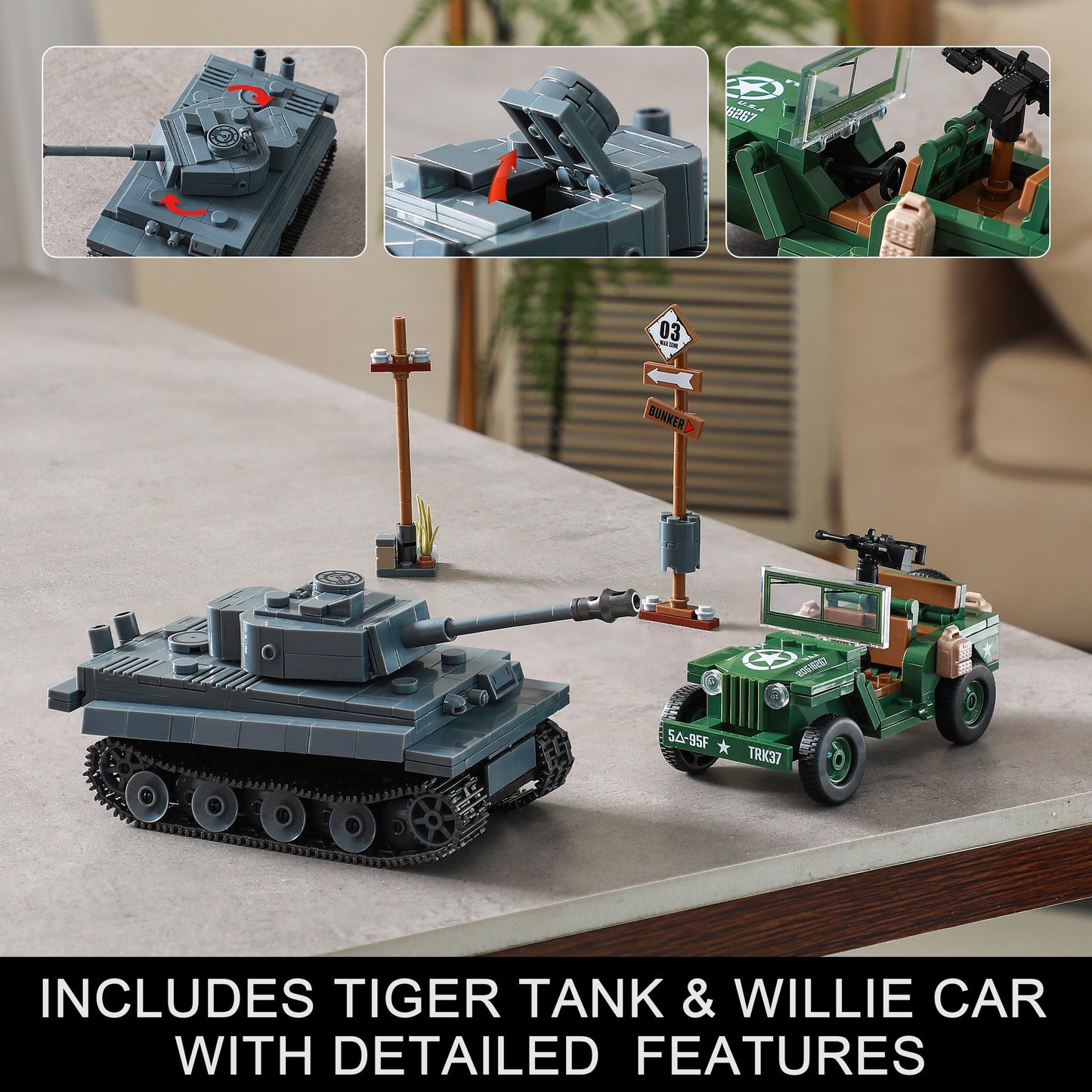 JOYCOLI WW2 Military Base Building Set - German Tiger Tank & Willys MB - Small - Gray/Green/Brown/Black - Model 99096
