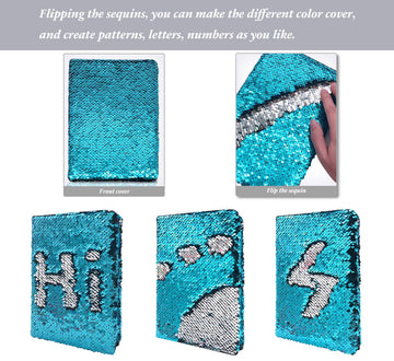 Sequin Girls Journal for Kids  8.5x5.5 Inches 160 Lined Pages Diary for Girls and Boys Reversible Flip Sequence Notebook for Teen Pre School Writing Drawing Travel Gifts (Lake Blue to Sliver)