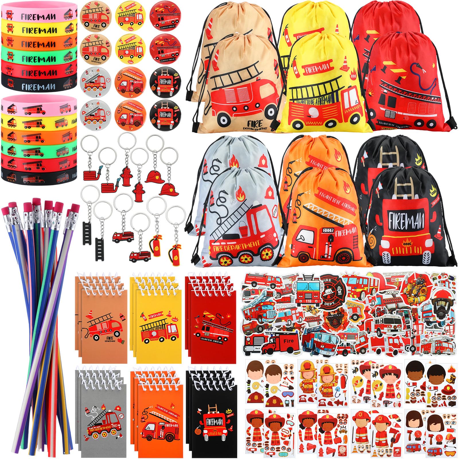 144 Pcs Firefighter Party Favors Fireman Themed Party Supplies Firemen Truck DIY Stickers Drawstring Bags Mini Notepads Silicone