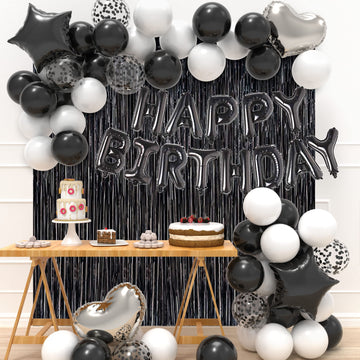 Joyypop Birthday Party Decorations Happy Birthday Balloons Banner With Black And White Balloons Set, Black Foil Fringe Curtain For Men Women Adults Birthday Party (Black）