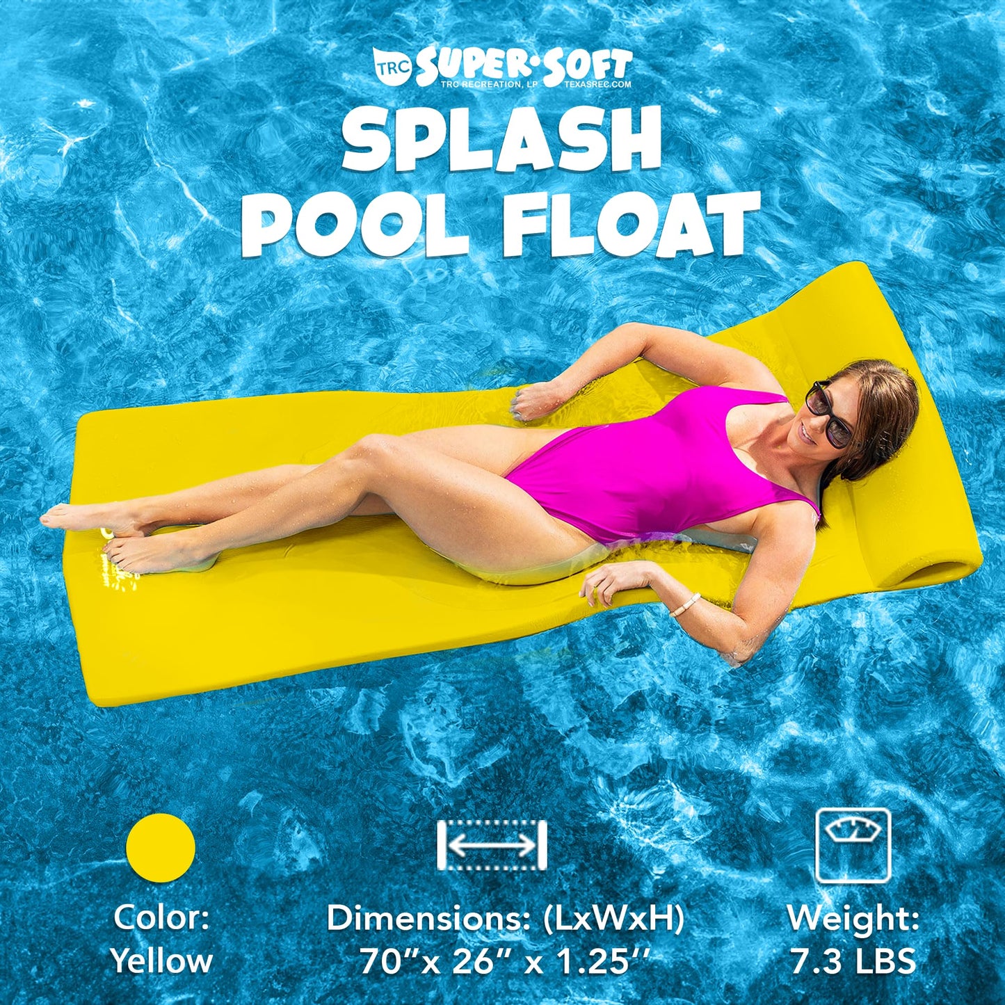TRC Recreation Splash 1.25 Inch Thick Foam Outdoor Swimming Pool Float Mat Large mature-themed Lounger with Built-in Roll Pillow  Yellow