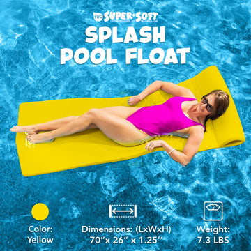 TRC Recreation Splash 1.25 Inch Thick Foam Outdoor Swimming Pool Float Mat Large mature-themed Lounger with Built-in Roll Pillow  Yellow