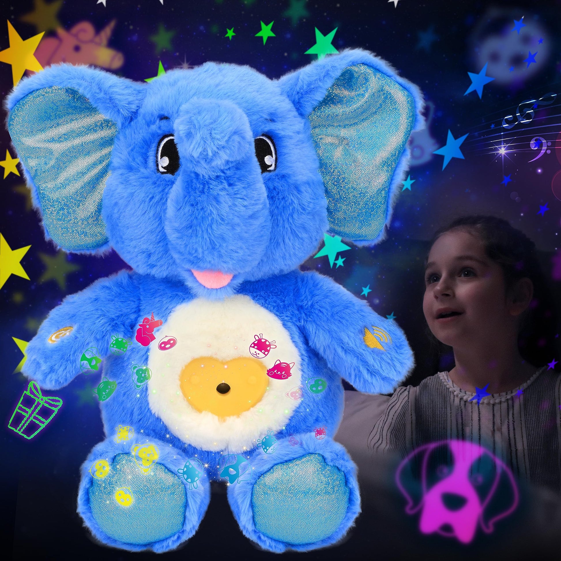Cuteoy Elephant Star Projector Plush Night Light Stuffed Animals Musical Soother Toys For Kids Lullabies Sounds Sleep Aid Gifts On Birthday Christmas(Blue-Elephant)