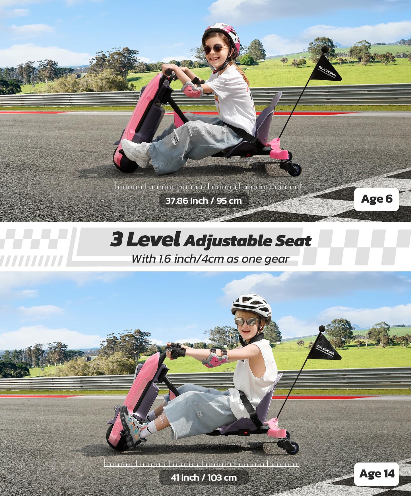 ELEMARA Drift Cart - 12V Electric Kart, Adjustable Seat, 5 MPH, Pink, 41"x22.2"x22.2", Kids Ride On Toy with LED Lights & Bluetooth