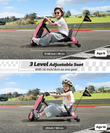 ELEMARA Drift Cart - 12V Electric Kart, Adjustable Seat, 5 MPH, Pink, 41"x22.2"x22.2", Kids Ride On Toy with LED Lights & Bluetooth