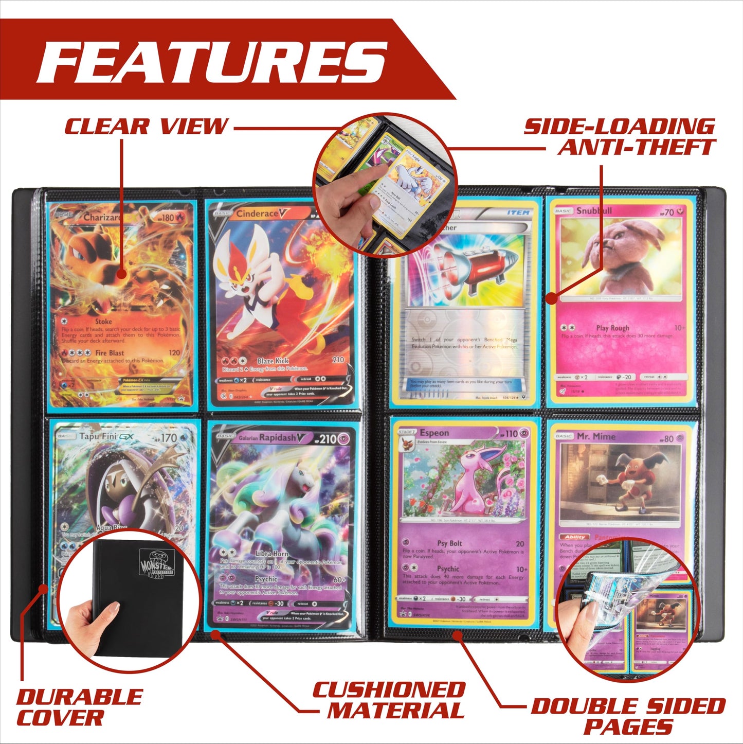 Monster 4 Pocket Trading Card Binder - Matte Teal Album, Anti-Theft & Anti-Drop Tcg Protection W Side Loading Padded Pockets, Do