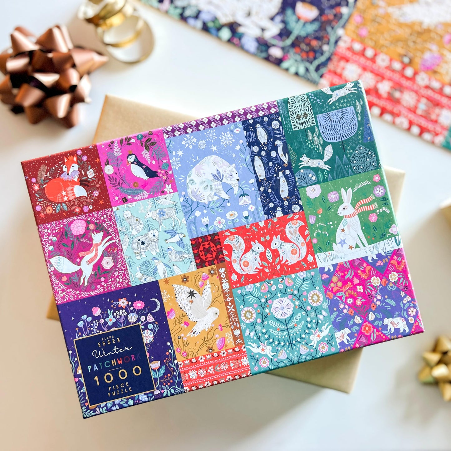 Elena Essex Christmas Puzzle - Winter Patchwork  Puzzles for mature-themeds 1000 Pieces  Jigsaw Puzzles  Winter Animal Thanksgiving Christmas Holidays 1000 Piece Puzzle  Size 20x28 inches