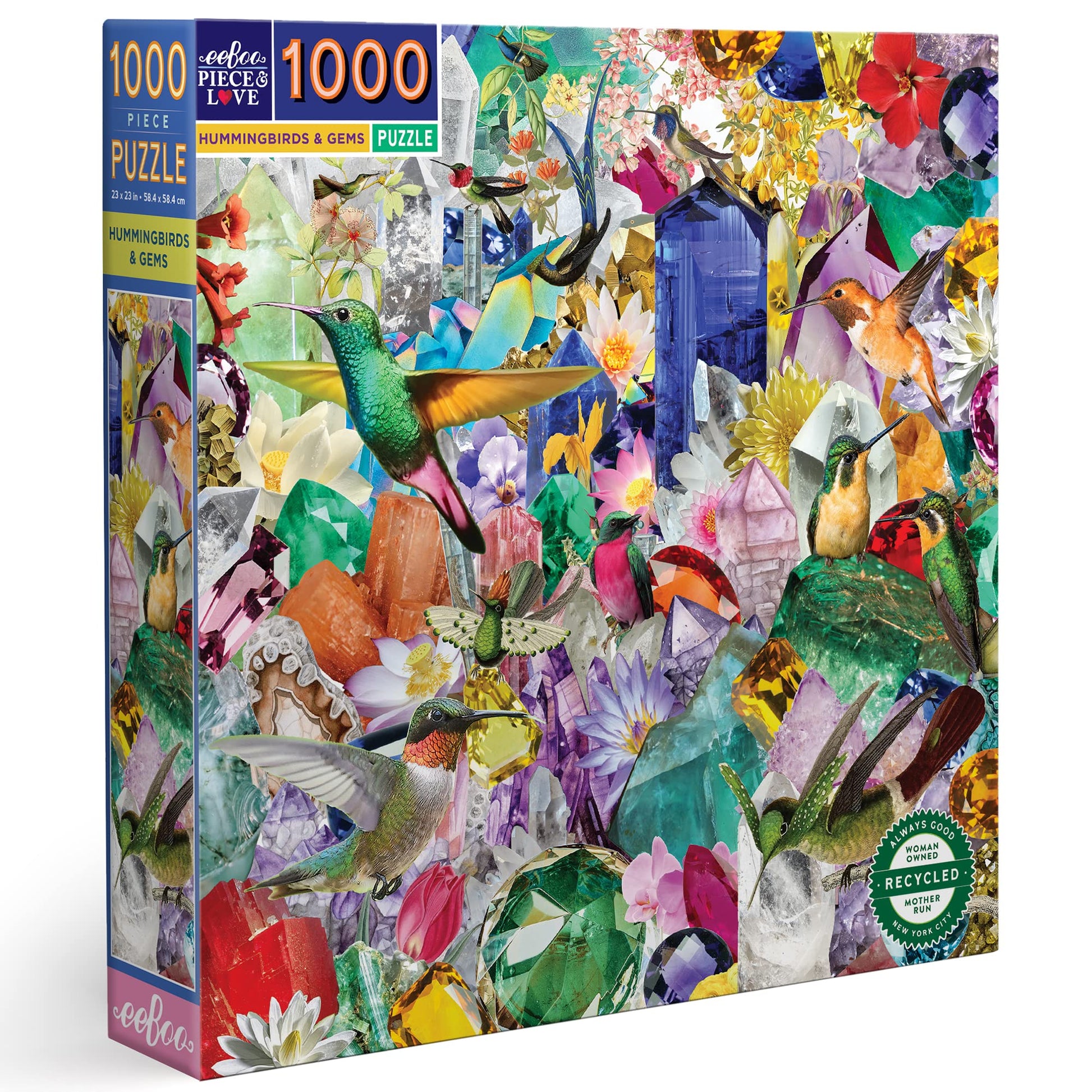 eeBoo: Piece and Love Hummingbirds and Gems 1000 Piece Square mature-themed Jigsaw Puzzle  23 x 23 When Completed  Sturdy Puzzle Pieces  for Ages 14 and up