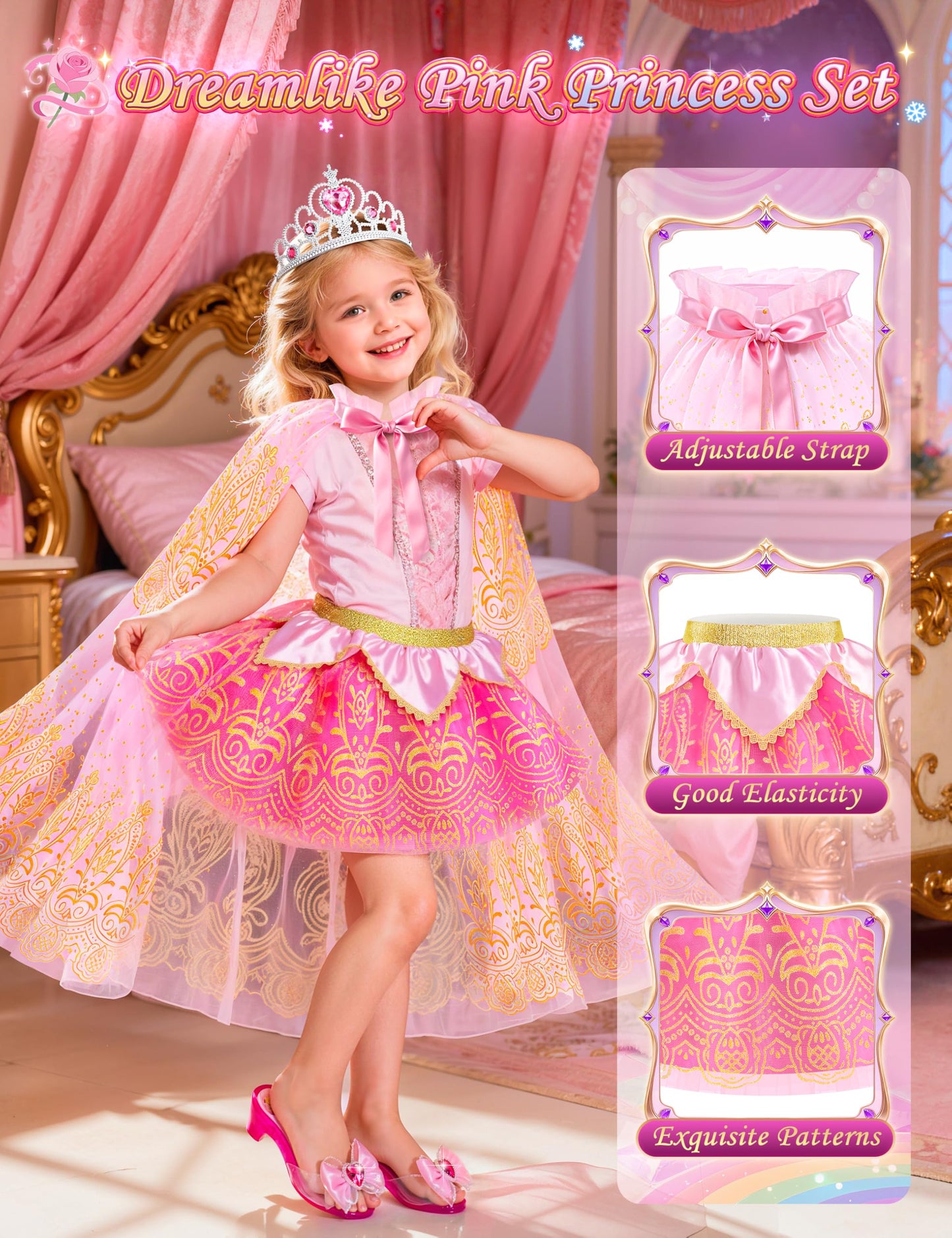 DUDUCOFU Princess Dress Up Clothes for Little Girls Toddlers, Princess Dress Up Shoes Set with Princess Cape Tutu Shoes Crown Wa