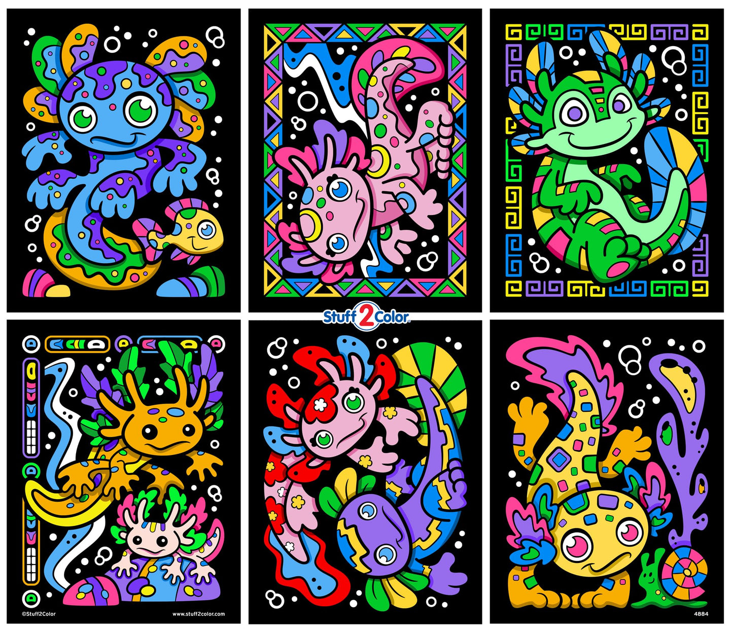 Stuff2Color Axolotl Underwater Adventures - 6 Pack of Fuzzy Velvet Coloring Posters for Kids, Toddlers, Girls, and Boys (All Age