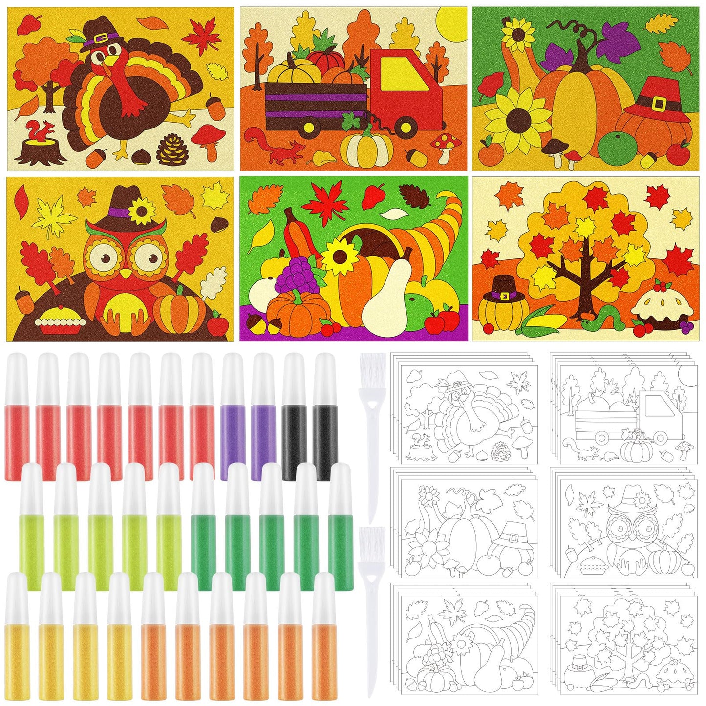 VercanMonth 30 Sets Fall Thanksgiving Sand Art Kits for Kids DIY Fall Harvest Craft Sand Painting Colored Sand Art Painting Card