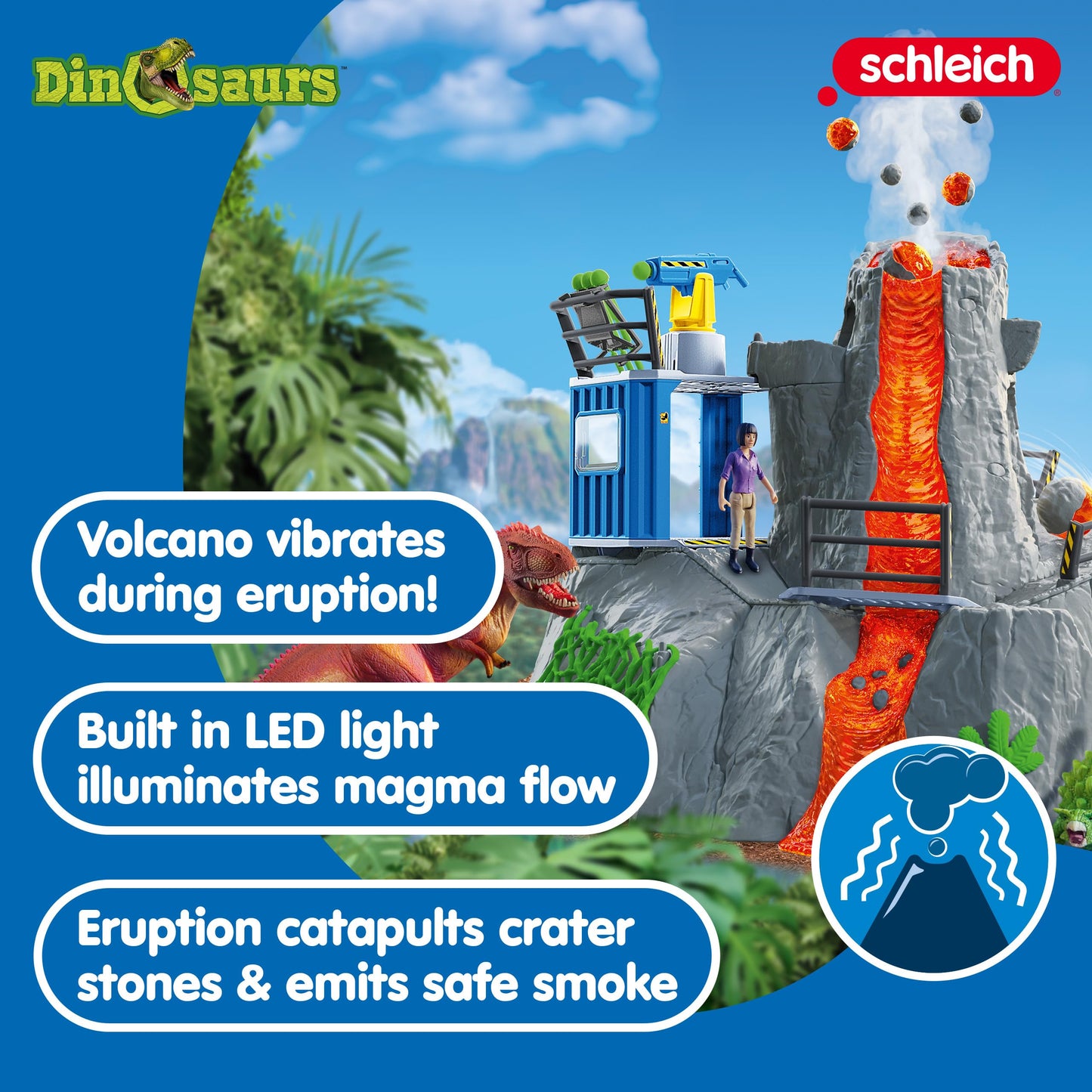 Schleich Dinosaurs - Volcano Expedition Base Camp, Dinosaur Playset Including Led Erupting Volcano, Researcher Figurines And 2 X