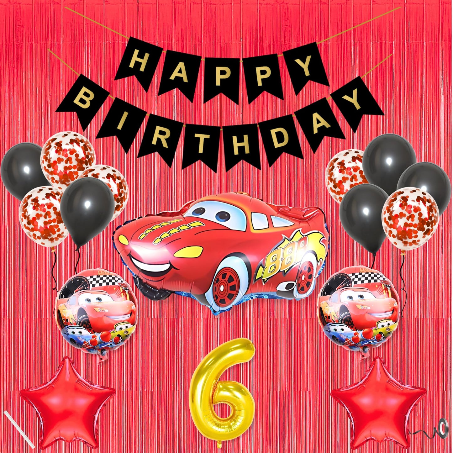 6Th Car Theme Happy Birthday Banner Decoration Black For 6 Year Old Baby Boys Girls Kids 5 Pc Lightning Macqueen Theme 10 Pc Con
