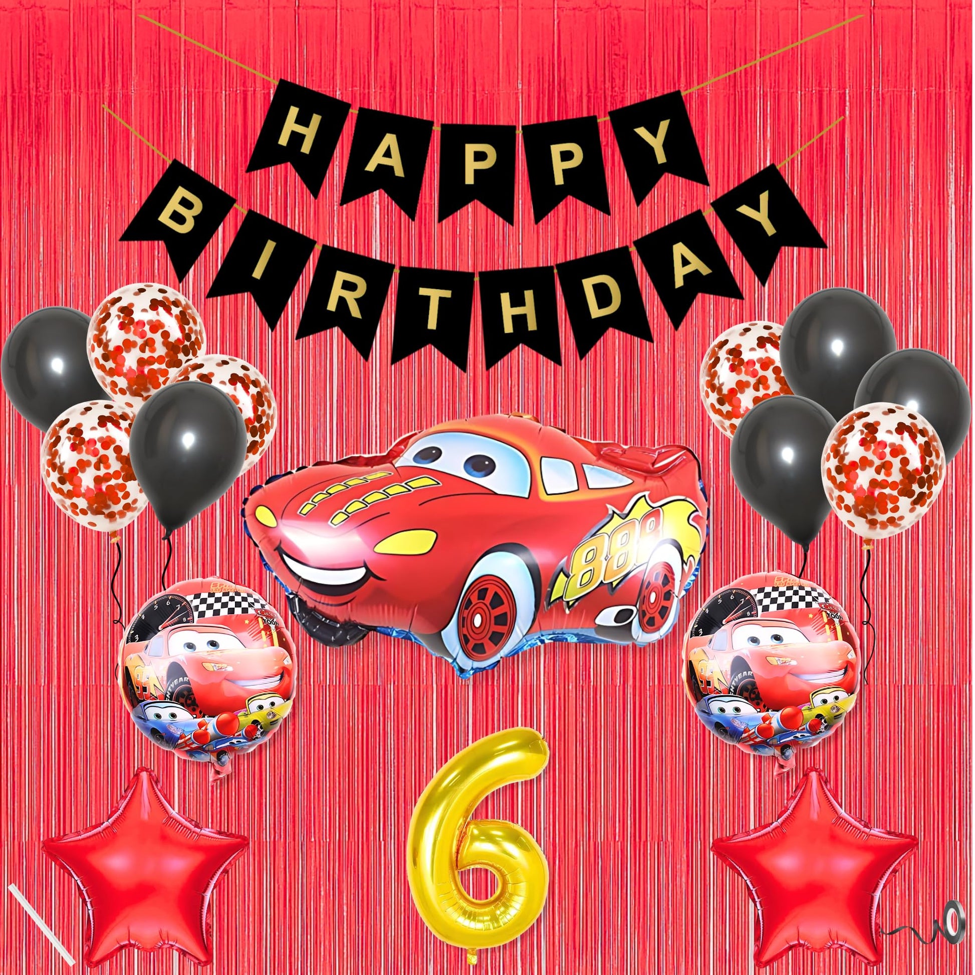 6Th Car Theme Happy Birthday Banner Decoration Black For 6 Year Old Baby Boys Girls Kids 5 Pc Lightning Macqueen Theme 10 Pc Con
