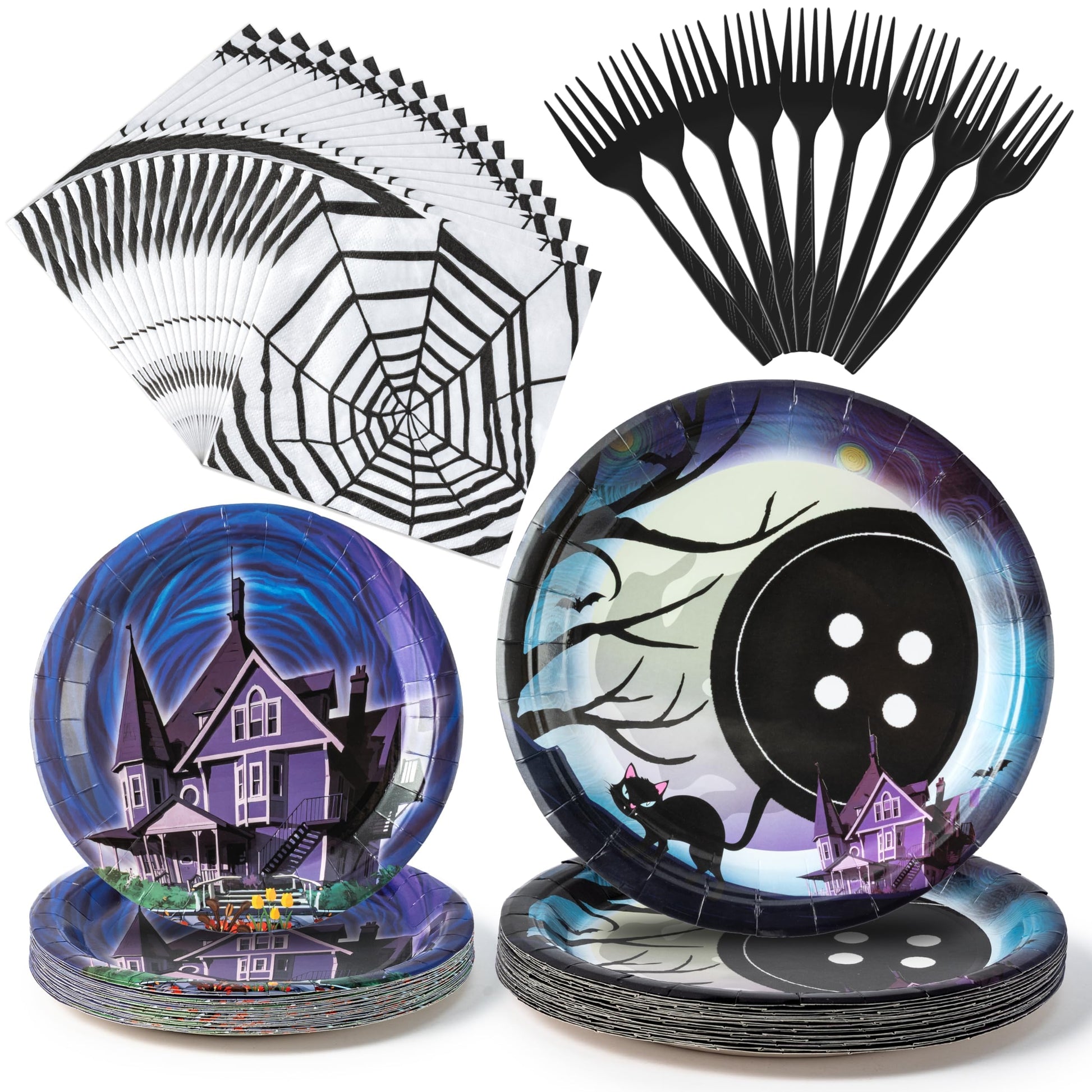 BOpusail 96P Starry Night Ghost House Party Tableware Set, Party Supplies for Kids Birthday School Spooky Night Theme Serves 24 