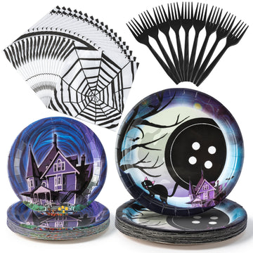 BOpusail 96P Starry Night Ghost House Party Tableware Set, Party Supplies for Kids Birthday School Spooky Night Theme Serves 24 