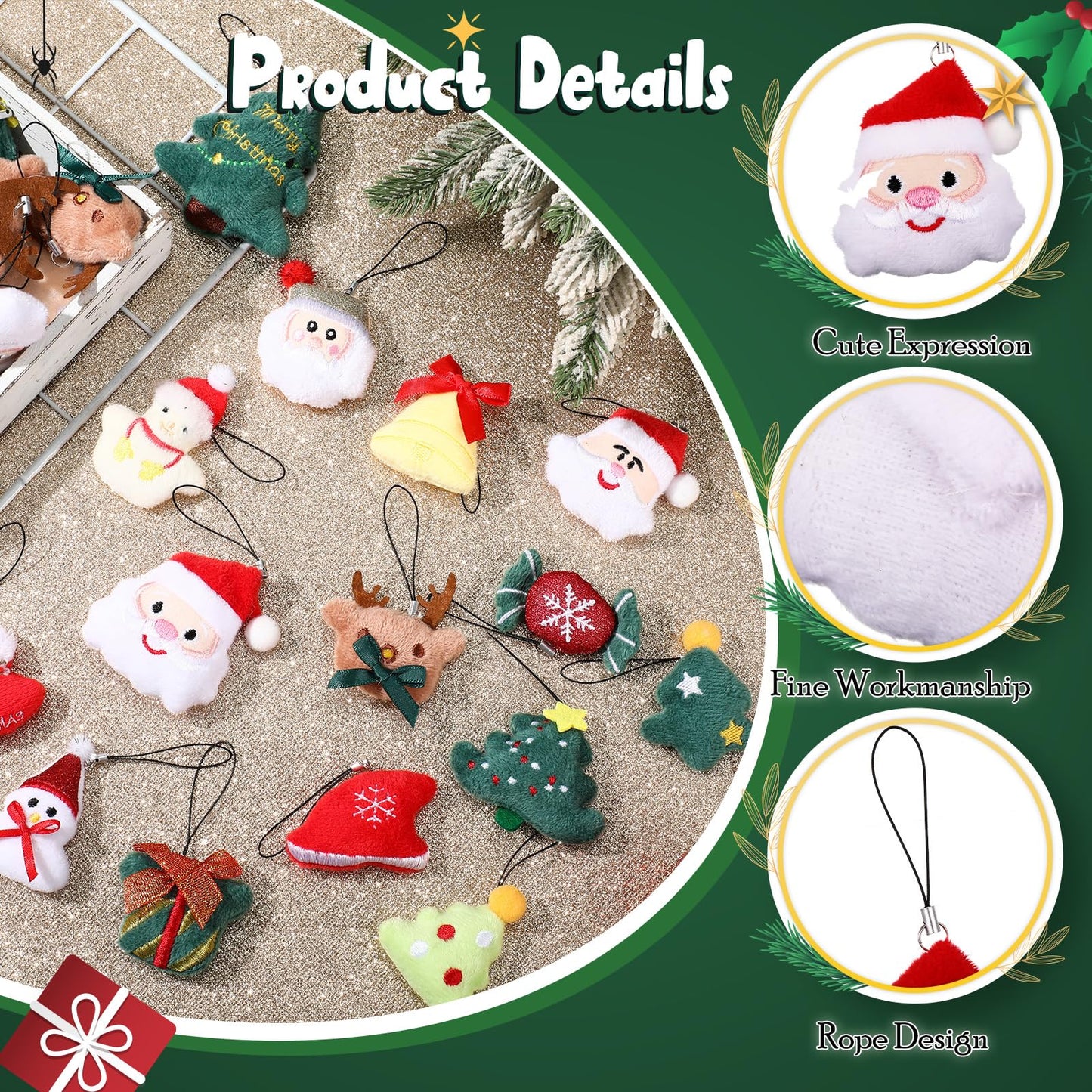 Libima 60 Pcs Christmas Mini Stuffed Animals Christmas Plush Keychain Santa Claus Tree Santa Hat Elk Bells Snowmen Hanging Plush