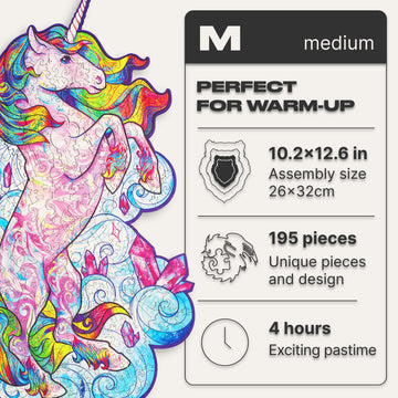 Unidragon Wooden Jigsaw Puzzles - Inspiring Unicorn, 195 Pcs, Medium 10.2'X12.6', Beautiful Gift Package, Unique Shape Best Gift For Adults And Kids