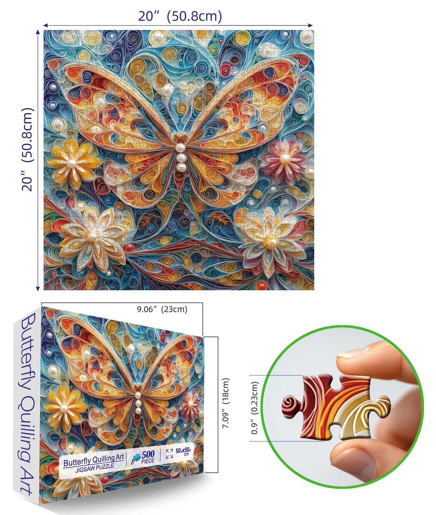 MINIWAN 500 Piece Jigsaw Puzzle - Butterfly Quilling Art, 20x20 Inch Cardboard, Challenging Brain Teaser for Adults and Family Game Night