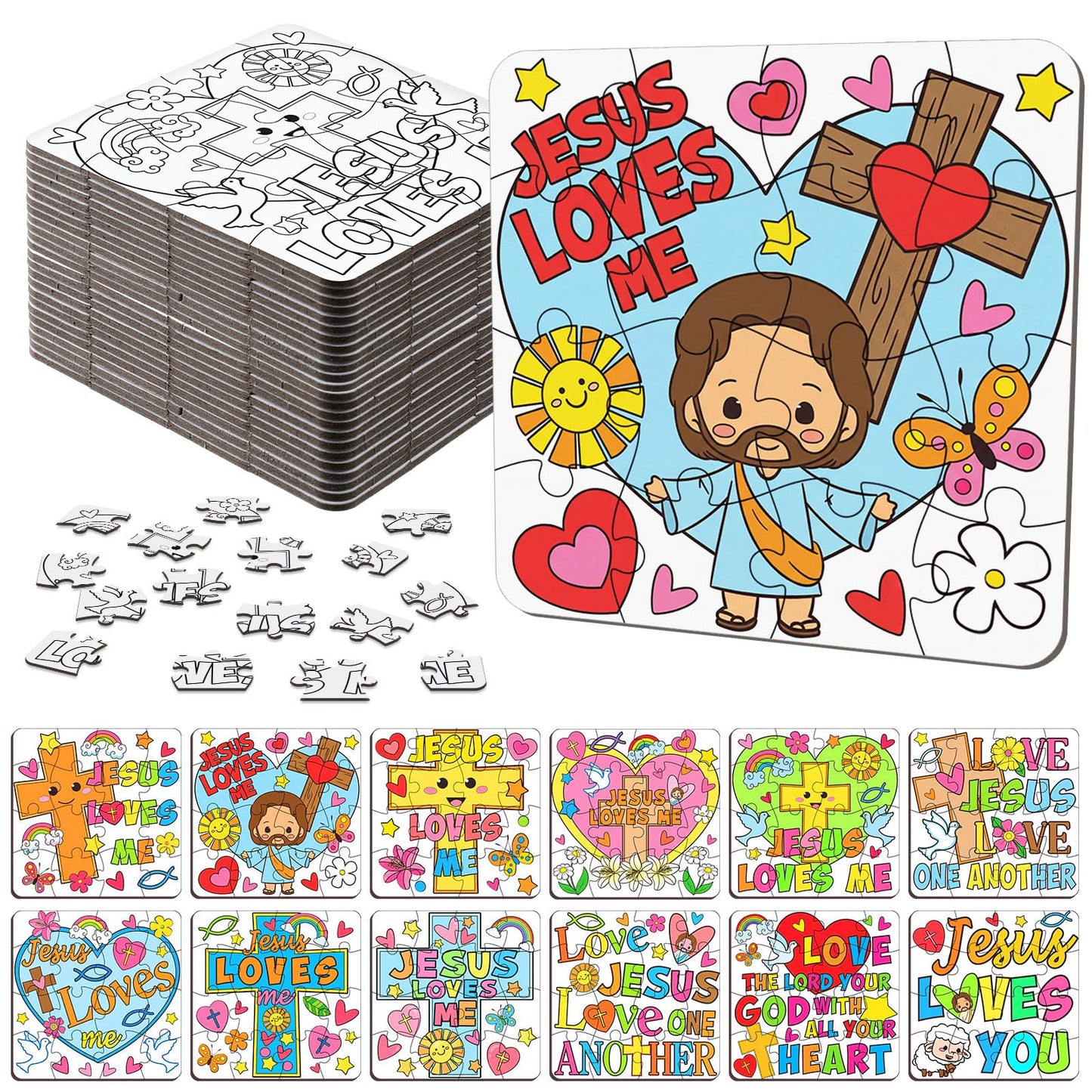 Realspring 24 Pack Religious Jesus Loves Me Color Your Own Jigsaw Puzzles for Kids 3-5, 4-6, 6-8, Coloring Crafts DIY Paper Puzz