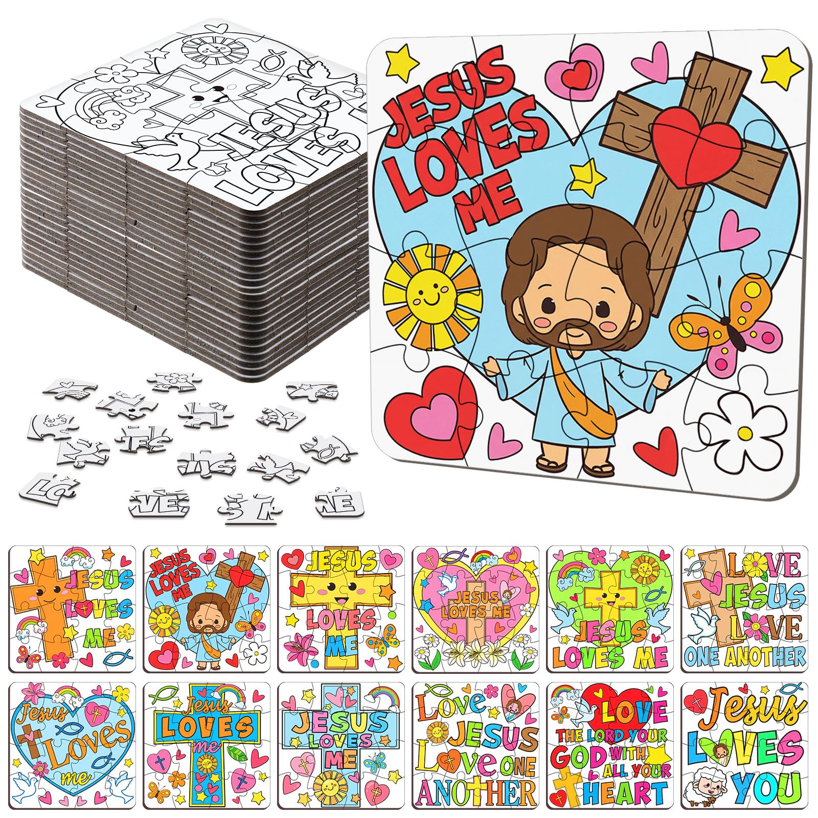 Realspring 24 Pack Religious Jesus Loves Me Color Your Own Jigsaw Puzzles for Kids 3-5, 4-6, 6-8, Coloring Crafts DIY Paper Puzz
