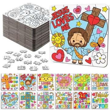 Realspring 24 Pack Religious Jesus Loves Me Color Your Own Jigsaw Puzzles for Kids 3-5, 4-6, 6-8, Coloring Crafts DIY Paper Puzz