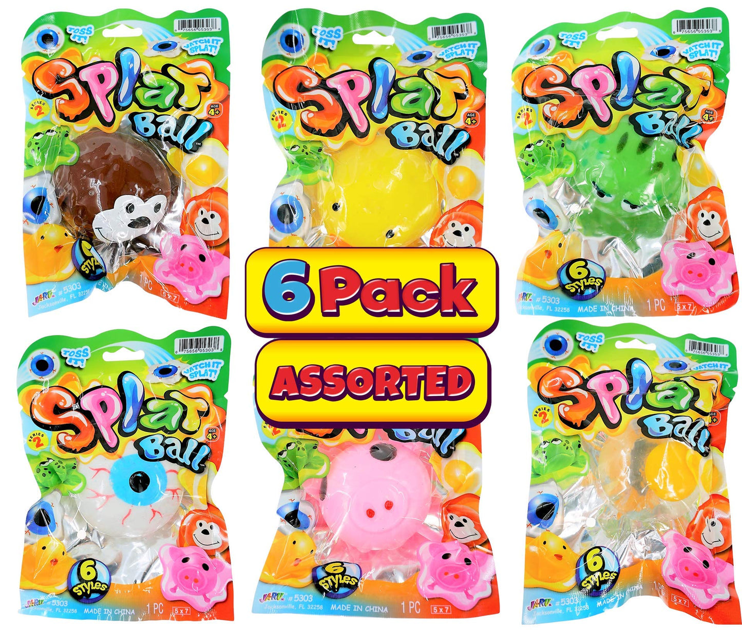 JA-RU SPLAT Ball - Sticky & Stretchy Sensory Stress Relief Toy, Assorted Colors, 6 Pack