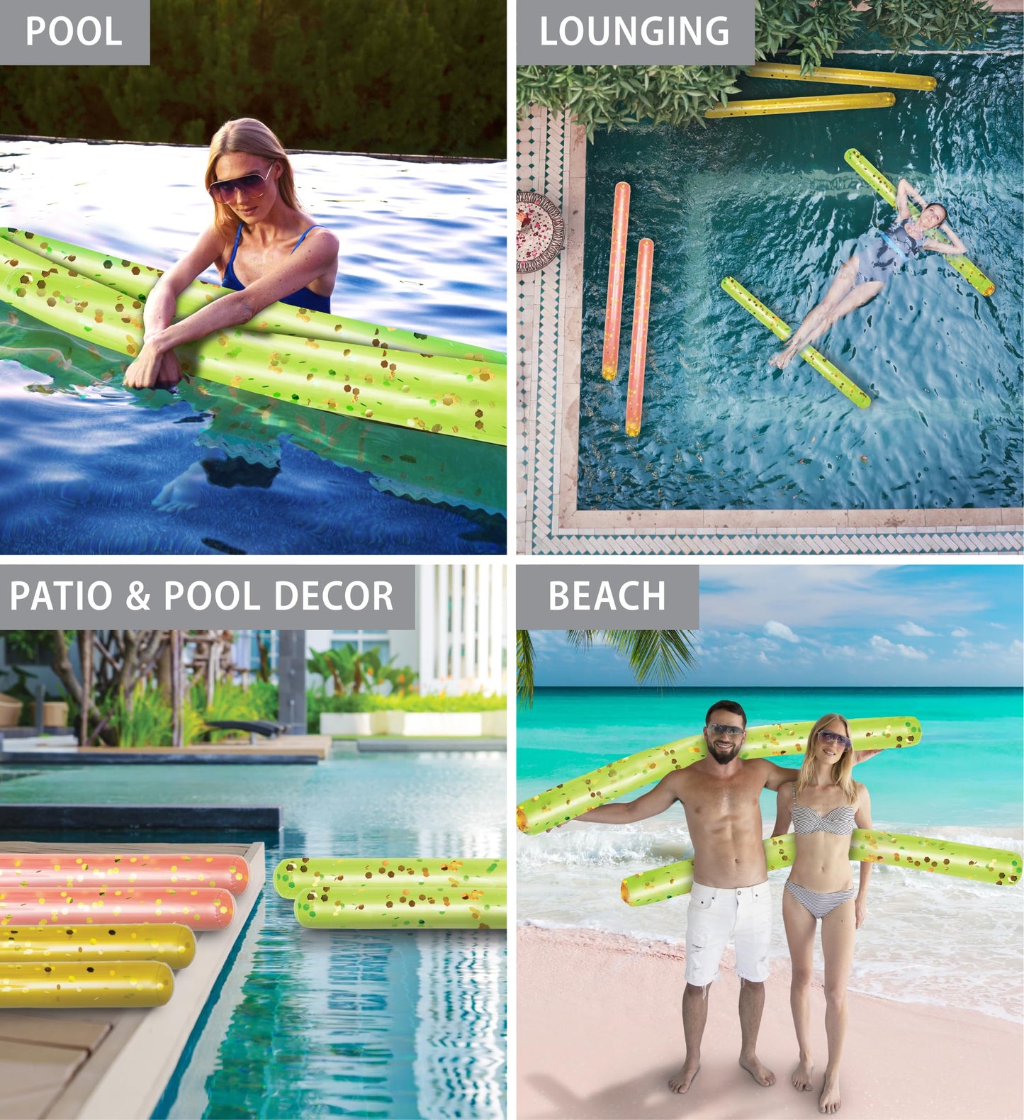 POZA 2 Pack of Inflatable Jumbo Pool Noodles - 74-Inch enhanced and elegant Giant Inflatable Sparkly Gold Glitter Confetti Pool Float Swim Noodles  Inflatable Noodles for Pool - Green and Gold