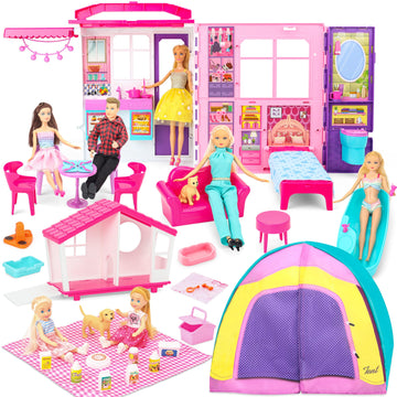 Style Shine Doll House Portable & Foldable Dollhouse W/ 60+ Pcs & 2 Dolls, Play House Toy With Bedroom Kitchen Pet House Camping