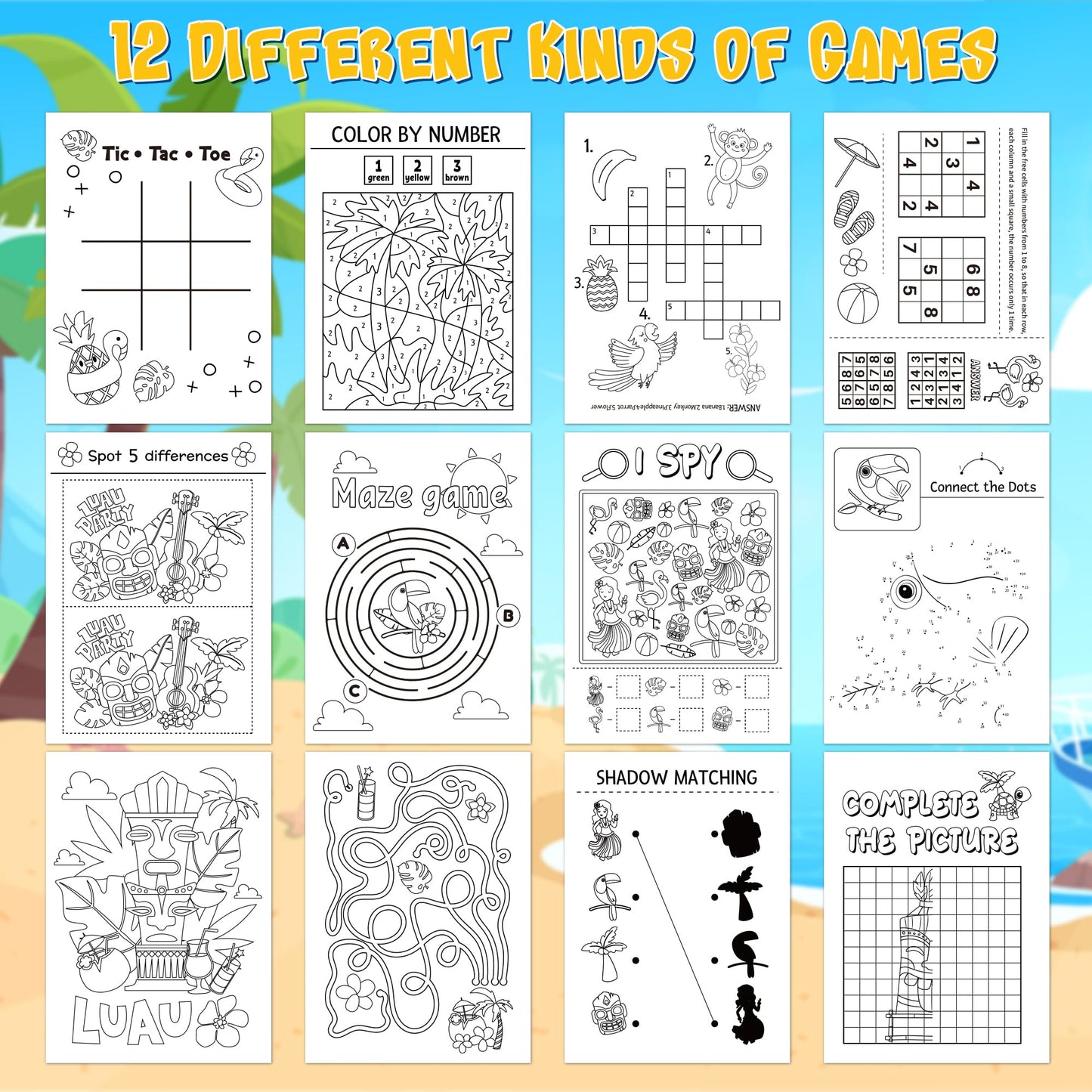 BWkoss Summer Activity Books for Kids-24Pcs Hawaii Mini Games Coloring Book Set Bulk Mazes Word Search Word Scramble Games Bookl