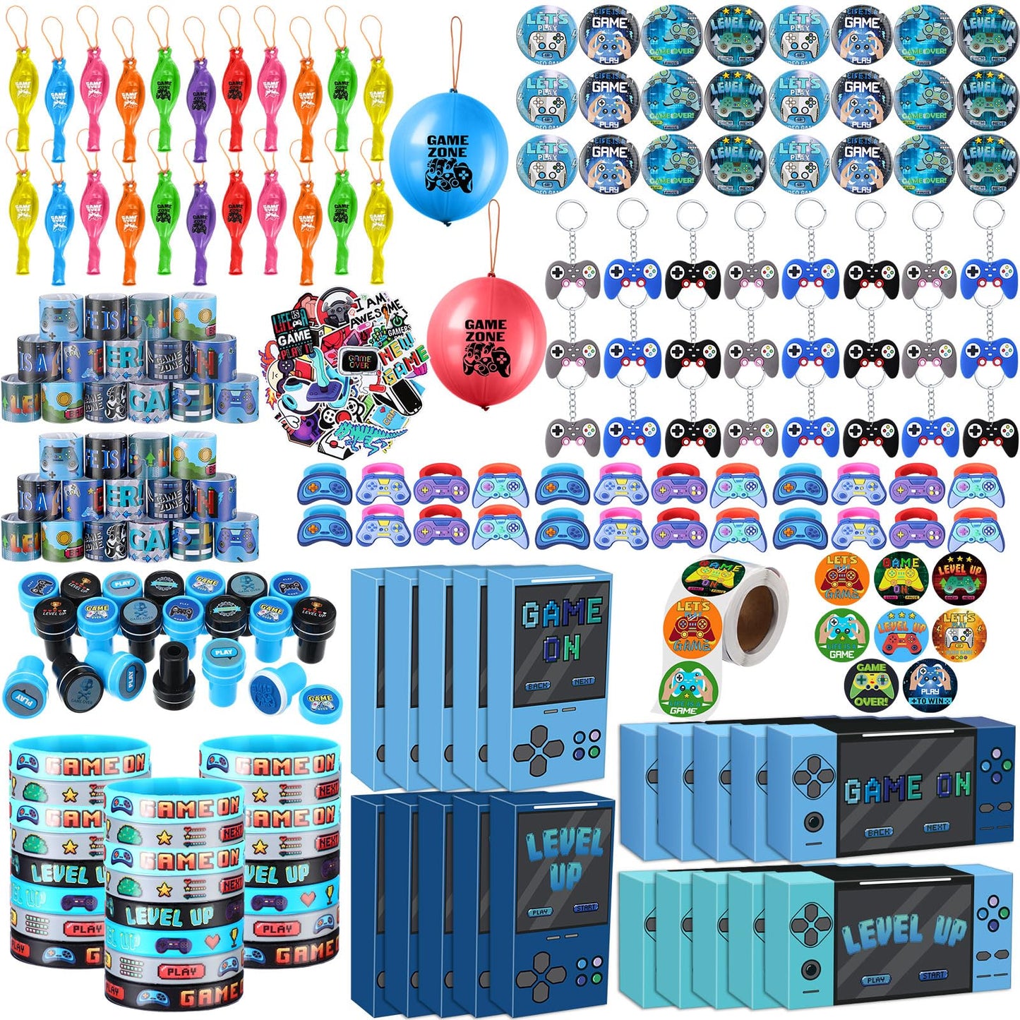 HyDren 243 Pcs Video Game Party Favors Includes Video Game Goodie Treat Boxes Punch Balloons Silicone Bracelets Keychains Badges