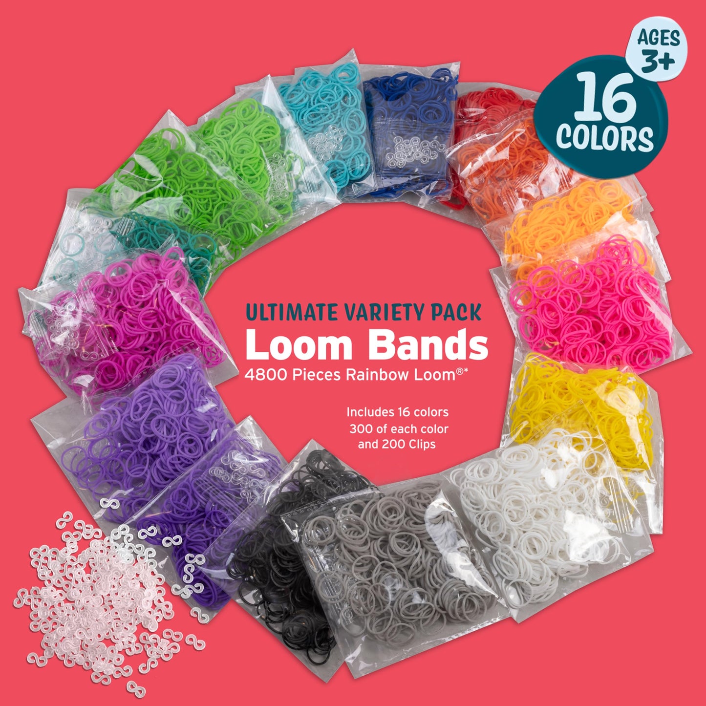 Loom Rubber Bands 4800 pc Refill Kit w 16 Unique Rainbow Colors (300 of Each) & 200 Clips - Works w All Rubber Band Jewelry Loom