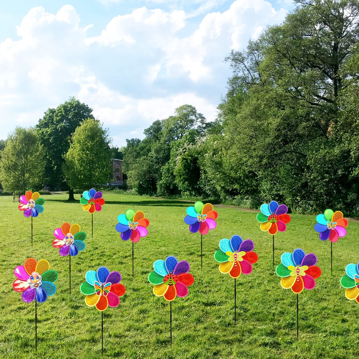 Frantlna Outdoor Wind Spinners Yard Garden Decor 12In Shiny Pinwheel For Kids Rainbow Lawn Ornaments To Deter Animals (3 Pcs)