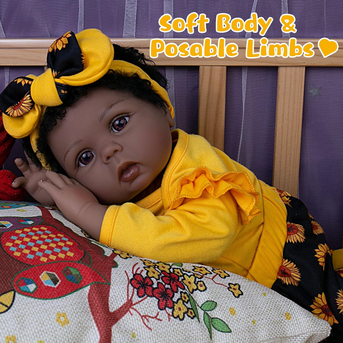 Ekokiz Realistic Baby Doll 22-Inch Real Life Reborn Baby Dolls Soft Cloth Body American African Baby Girl Lifelike Baby Dolls Wi
