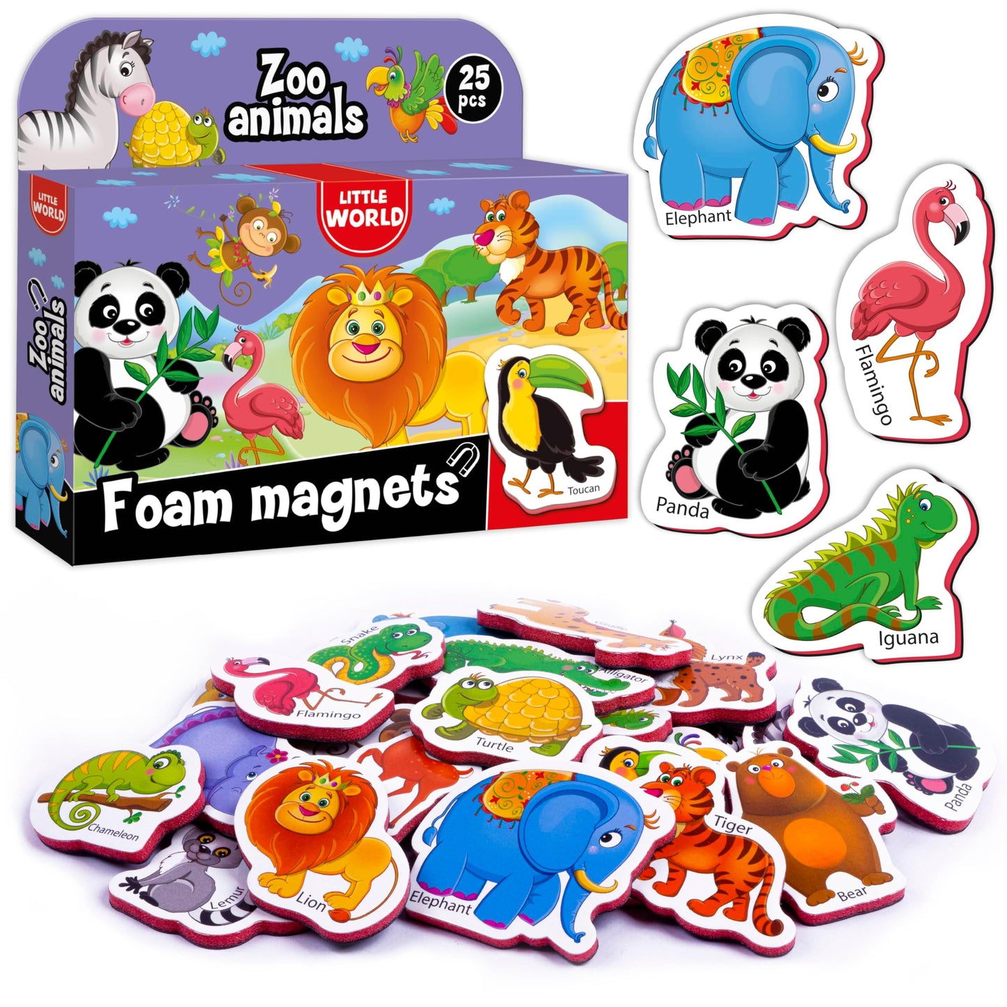 Little World Foam Fridge Magnets Set - 25 Chunky Zoo Animal Magnets for Toddlers 1-3 - Multi Color, Full Magnet Backing, Model RK93010-05
