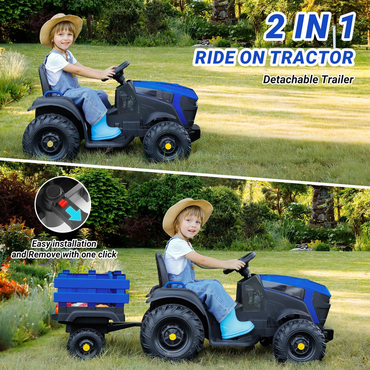 Elemara 24V 9Ah Ride On Tractor With Easy Detachable Trailer, 24V Ride On Toys For Big Kids, 400W Electric Vehicles Ride On Tractor Car With Shovel, All-Terrain Capability, For Ages 3+, Music, Blue