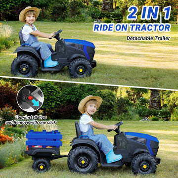 Elemara 24V 9Ah Ride On Tractor With Easy Detachable Trailer, 24V Ride On Toys For Big Kids, 400W Electric Vehicles Ride On Tractor Car With Shovel, All-Terrain Capability, For Ages 3+, Music, Blue