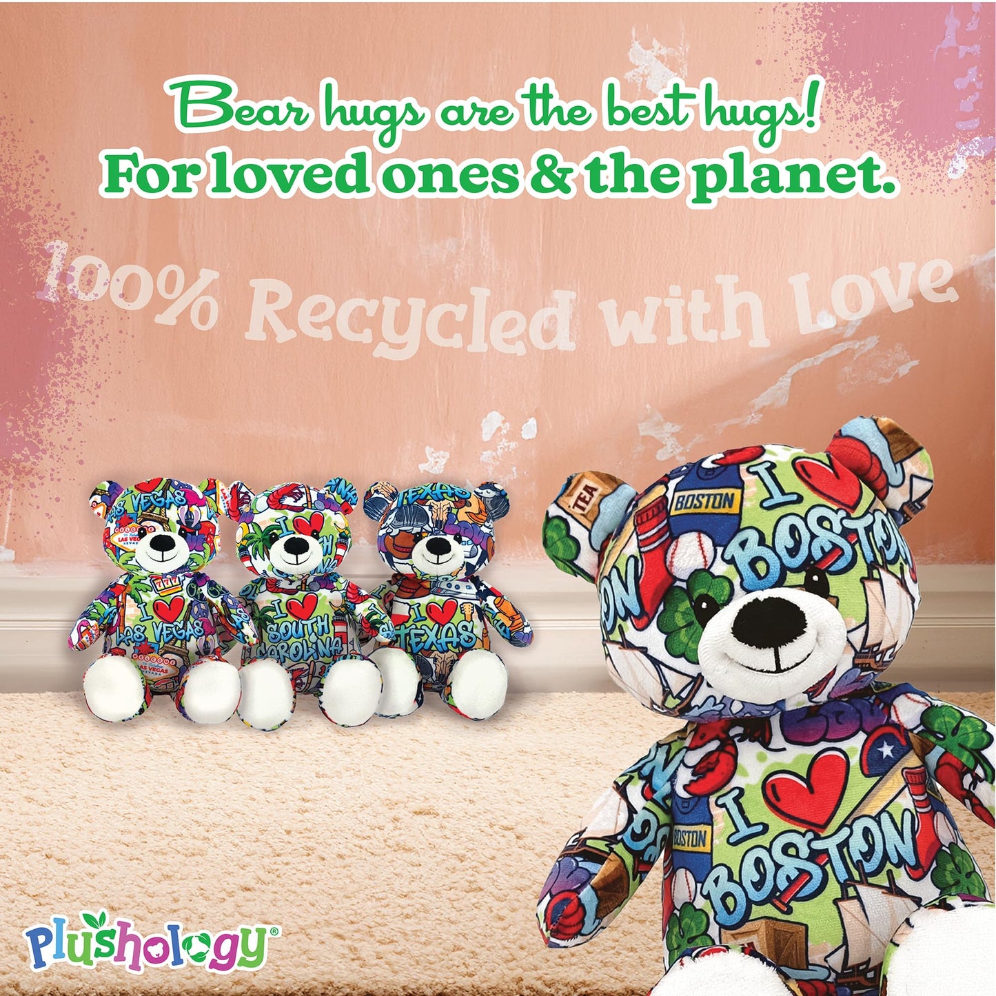 PLUSHOLOGY I Love Boston Graffiti Teddy Bear Eco Friendly Stuffed Animal; Cuddly Soft Velboa Plush Animal for Kids 3 Years Old to mature-themeds; Child-Safe Embroidered Face Details (10 Tall When Seated)