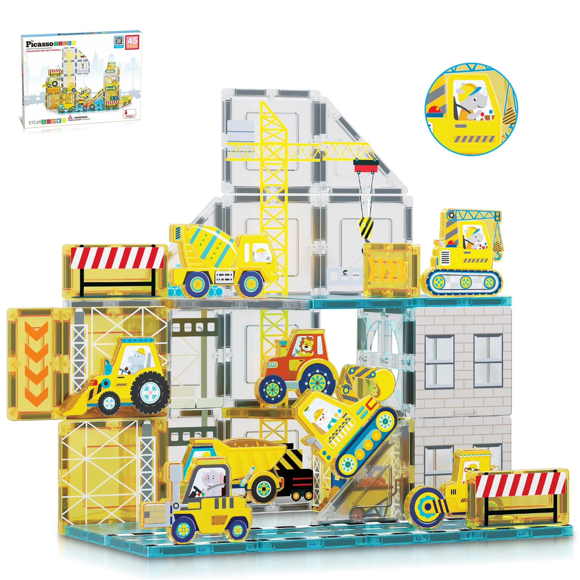 PicassoTiles Magnet Tiles Magnetic Building Blocks with 8 Construction Vehicles Crank Truck Excavator Bulldozer Road Roller Conc