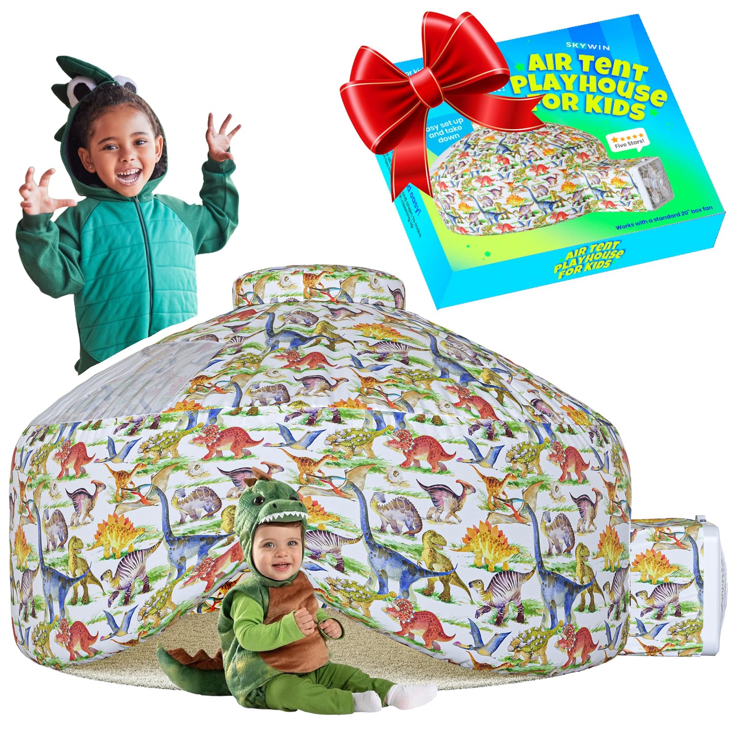 Skywin Air Tent Fort Dinosaur Playhouse for Kids (Dino) - Classic Inflatable Kids Fort Sets Up and Stores Away in Seconds, 77 x 