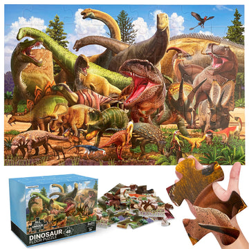 48 Piece Jumbo Dinosaur Floor Puzzle - Large Size (3 x 2 ft) - All Pieces Unique Shape - 25 Realistic Dinos Illustration - Gifts for Boys Girls Toddlers Kids Ages 3-5 2-4 4-6 Year Old