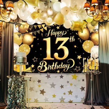 Katchon, Happy 13Th Birthday Banner Black And Gold - Xtralarge, 72X44 Inch | 13Th Happy Birthday Backdrop, Happy 13Th Birthday Banner | 13Th Birthday Decorations For Boys | 13 Birthday Decorations